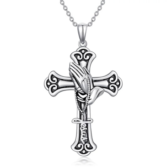 Sterling Silver Cross Necklace with Praying Hands for Christian Gifts Christmas Gifts Mothers Day