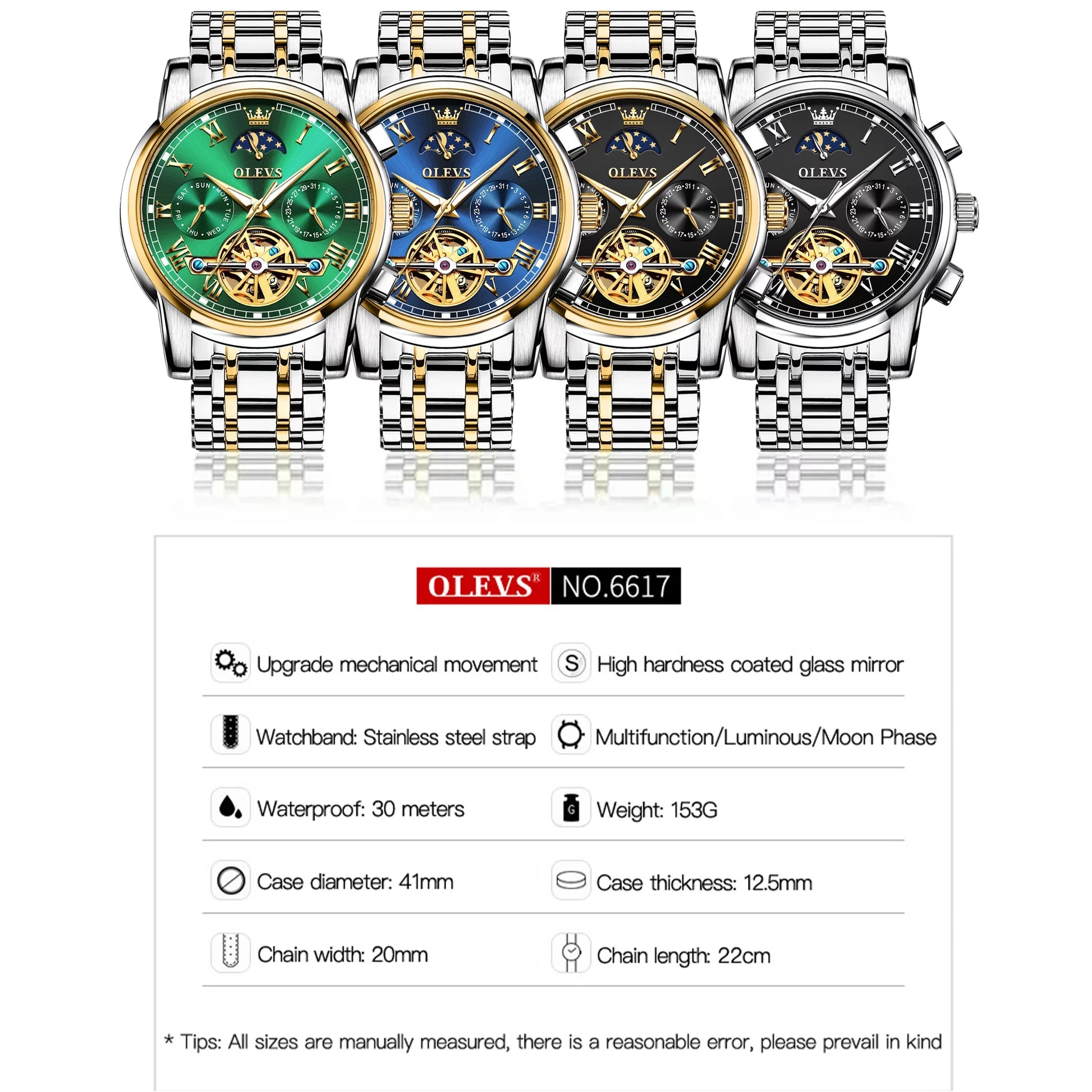 Automatic Watches for Men Skeleton Mechanical Self Winding Luxury Business Dress Watch Moon Phase Day Date Waterproof Watch Reloj Para Hombre, Gifts for Men, Male Watch 6617